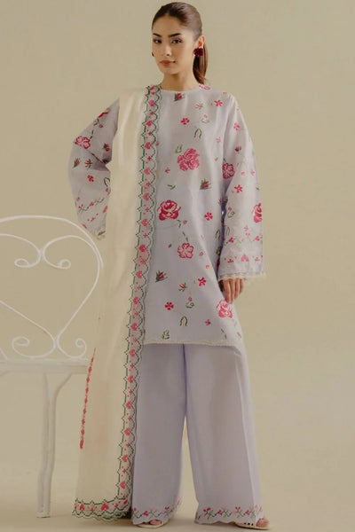 ELEGANT DHANK SUIT WITH HEAVY NECK EMBROIDERY & PRINTED SHAWL -MG