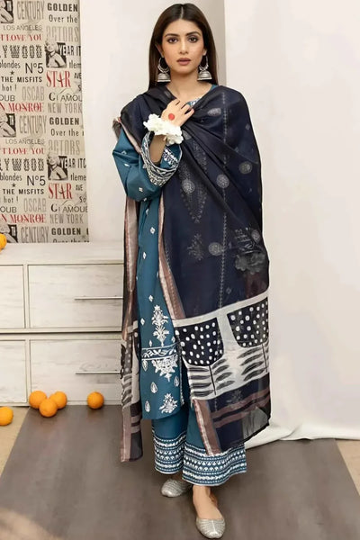 ELEGANT DHANK SUIT WITH HEAVY NECK EMBROIDERY & PRINTED SHAWL -MG