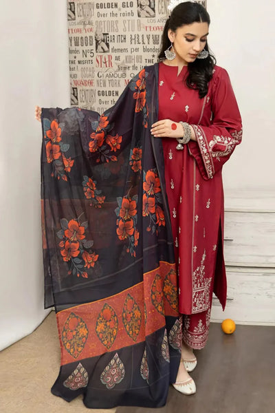 ELEGANT DHANK SUIT WITH HEAVY NECK EMBROIDERY & PRINTED SHAWL -MG