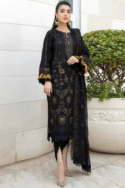 ELEGANT DHANK SUIT WITH HEAVY NECK EMBROIDERY & PRINTED SHAWL -MG